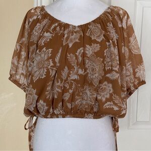 Loft Floral Bubble Top Caramel Sheer Sleeves Elastic Collar, cuff,Hem feminine